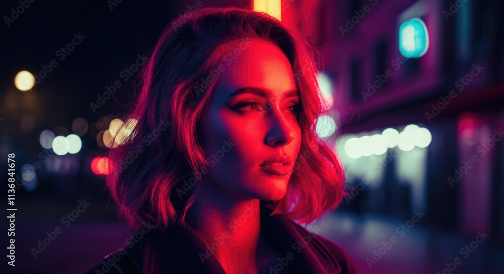 Young caucasian female in vibrant neon cityscape at night Young caucasian female in vibrant neon cityscape at night