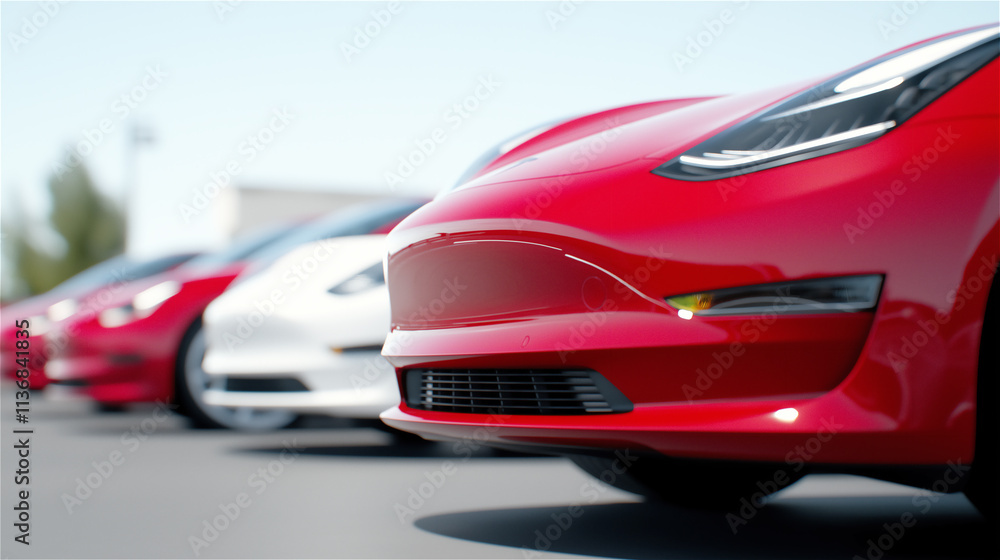 Fototapeta premium A close-up view of sleek red cars lined up on a bright day, showcasing modern design, automotive beauty, and performance concepts.