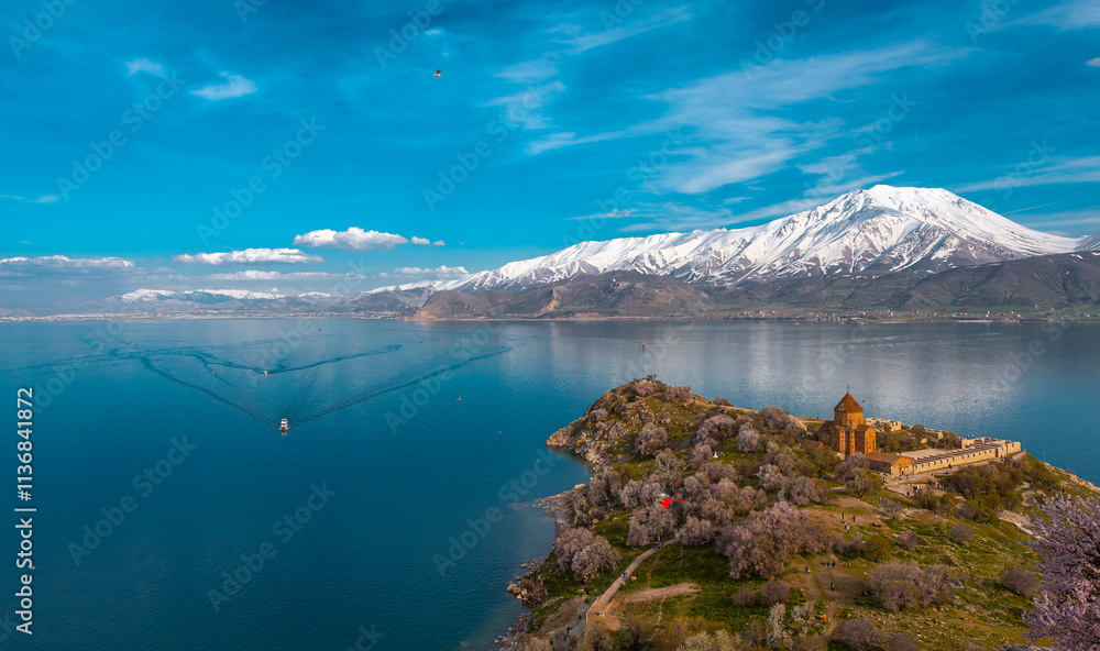 Akdamar Island in Van Lake. The Armenian Cathedral Church of the Holy Cross - Akdamar, Turkey