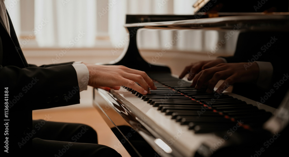 Fototapeta premium Male pianist playing grand piano in elegant setting