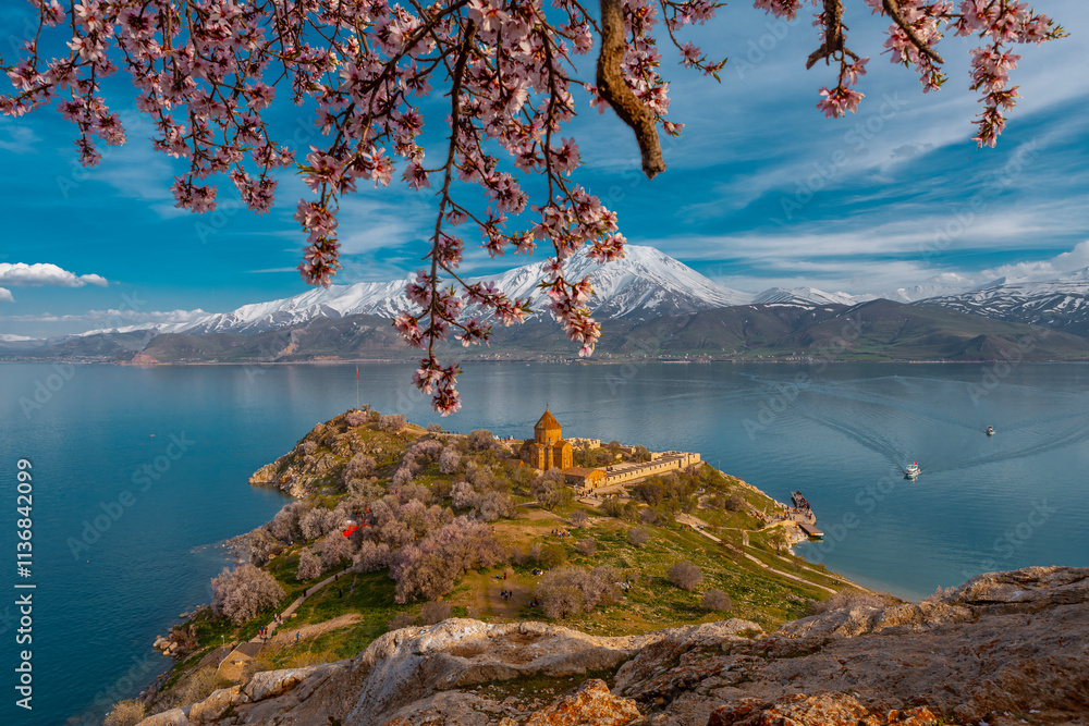 Akdamar Island in Van Lake. The Armenian Cathedral Church of the Holy Cross - Akdamar, Turkey