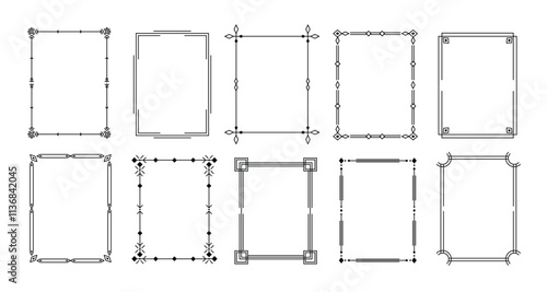 Simple geometric line square frames. Minimalist rectangular border with clean linear patterns for elegant layouts, invitations, certificates and decorative framing. Vector set.