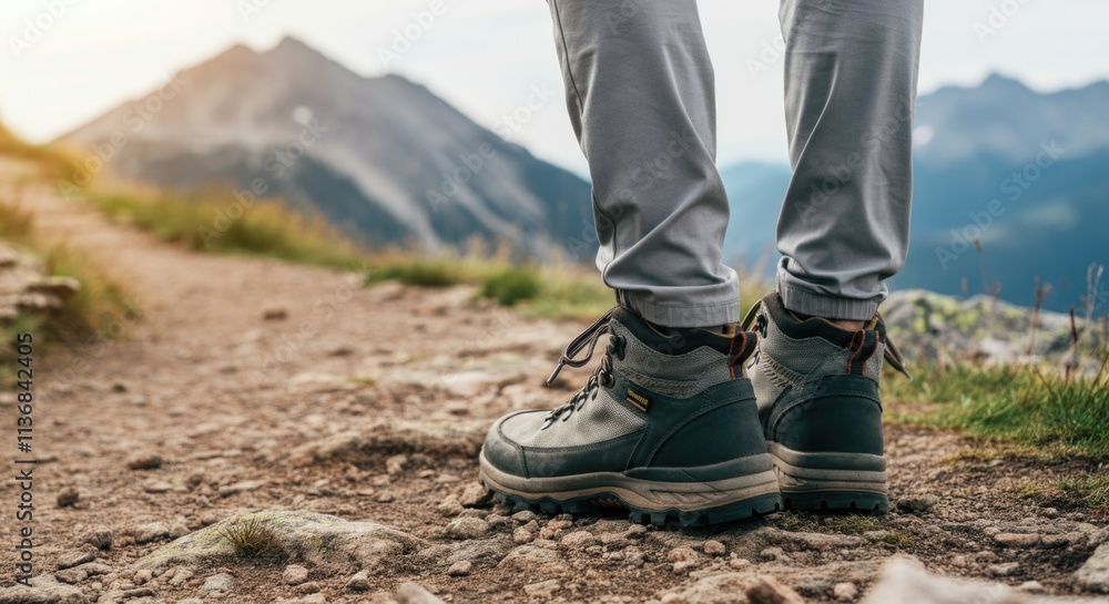 Hiking adventure in the mountains with sturdy boots on a rocky trail Hiking adventure in the mountains with sturdy boots on a rocky trail