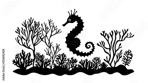 Seahorse anchored to coral with its prehensile tail, Vectorized Animal Art