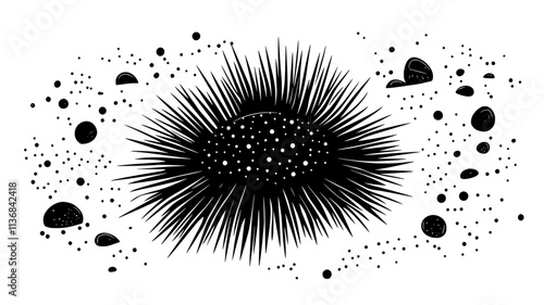 A sea urchin sits on a sandy seafloor, surrounded by small particles of marine material, Vectorized Animal Art