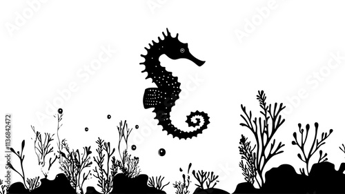 Seahorse hovering in place near a coral reef, moving slightly with the current, Vectorized Animal Art