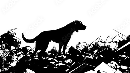 Search and rescue dog sniffing for scent in disaster rubble, Vectorized Animal Art