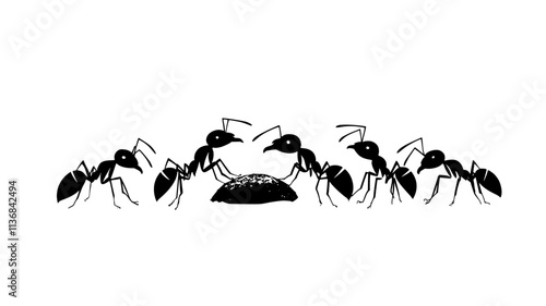 Several ants gather around a piece of food, working together to transport it, Vectorized Animal Art