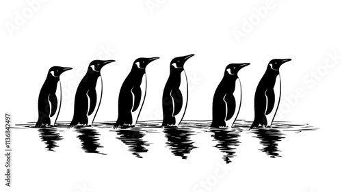 Several penguins stand in a row at the edge of the water, preparing to dive, Vectorized Animal Art