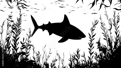 Shark swimming through kelp forest near the coastline, Vectorized Animal Art