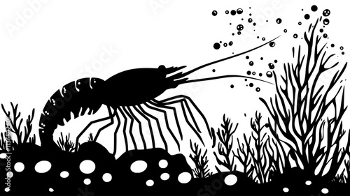 Shrimp feeding near coral reef, gripping surface with legs, Vectorized Animal Art