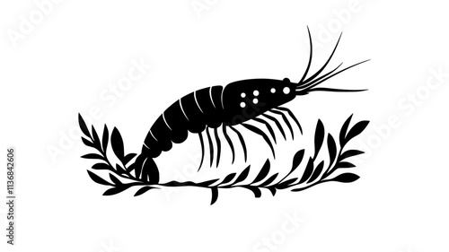 Shrimp swimming near seaweed bed, antennae extended, Vectorized Animal Art