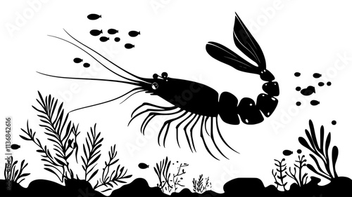 Shrimp near other shrimp, swimming close to seabed, Vectorized Animal Art