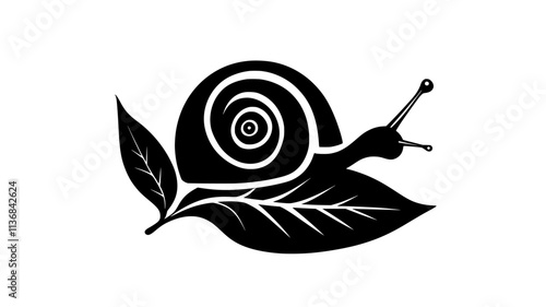 Single snail with a spiraled shell sliding slowly across a leaf, Vectorized Animal Art