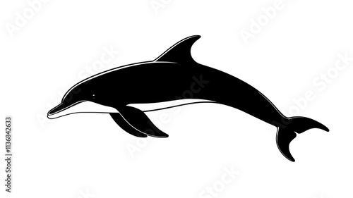 Single dolphin near the water’s surface, dorsal fin cutting through, Vectorized Animal Art