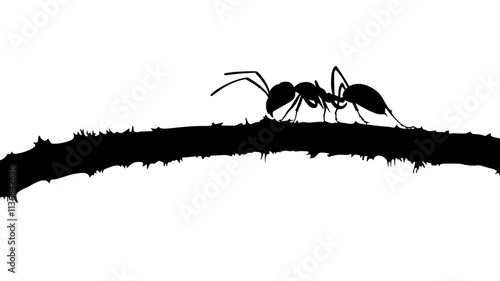 A single ant crawls along the edge of a twig, moving in a direct and focused line, Vectorized Animal Art