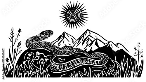 Snake basking on a sun-warmed rock in mountainous terrain, Vectorized Animal Art