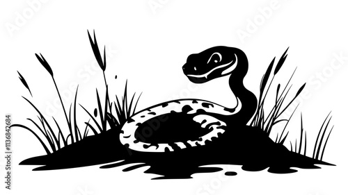 Snake emerging from a hole in the ground with its tongue out, Vectorized Animal Art