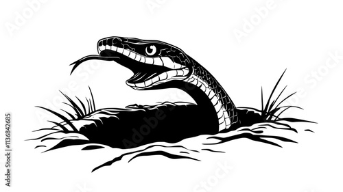 Snake emerging from a hole in the ground with its tongue out, Vectorized Animal Art