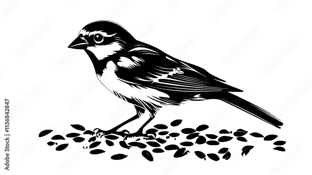Obraz premium Sparrow hopping along the ground, pecking at seeds scattered on the earth, Vectorized Animal Art
