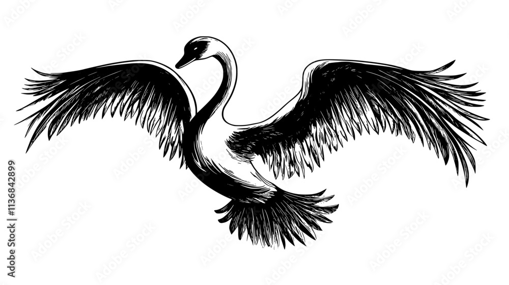 Obraz premium Swan stretches its wings, flapping gently as it prepares to take flight, Vectorized Animal Art