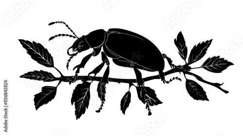 Stag beetle with enlarged mandibles grasping a tree branch, Vectorized Animal Art