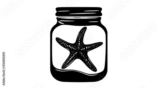 Starfish specimen preserved in a jar of fluid for scientific study, Vectorized Animal Art
