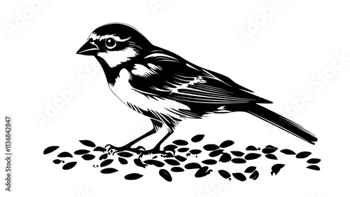 Sparrow hopping along the ground, pecking at seeds scattered on the earth, Vectorized Animal Art