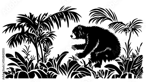 Spectacled bear climbing in the cloud forest canopy of the Andes, Vectorized Animal Art