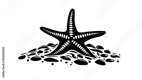 A starfish moves over a bed of small stones, navigating with its tube feet, Vectorized Animal Art