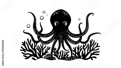 Squid floating near coral, tentacles extended in multiple directions, Vectorized Animal Art