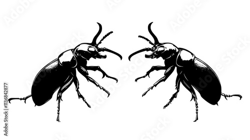 Stag beetle with mandibles locked in combat, Vectorized Animal Art