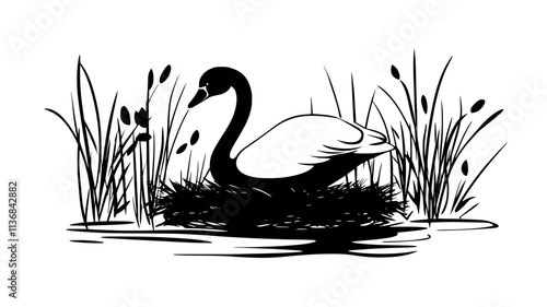 Swan building a large nest platform of reeds in a marsh, Vectorized Animal Art