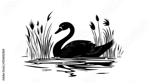 Swan diving head underwater to feed on aquatic plants, Vectorized Animal Art