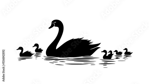 Swan floats beside a group of ducks, moving slowly across the water, Vectorized Animal Art