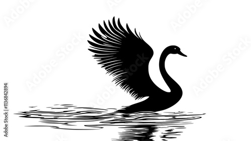 Swan rises from the water, its feet pushing off the surface, wings flapping, Vectorized Animal Art