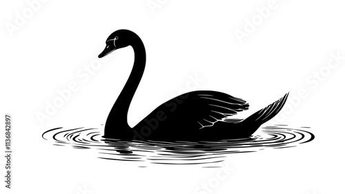 Swan swims toward the shore, its long neck leading the way, Vectorized Animal Art
