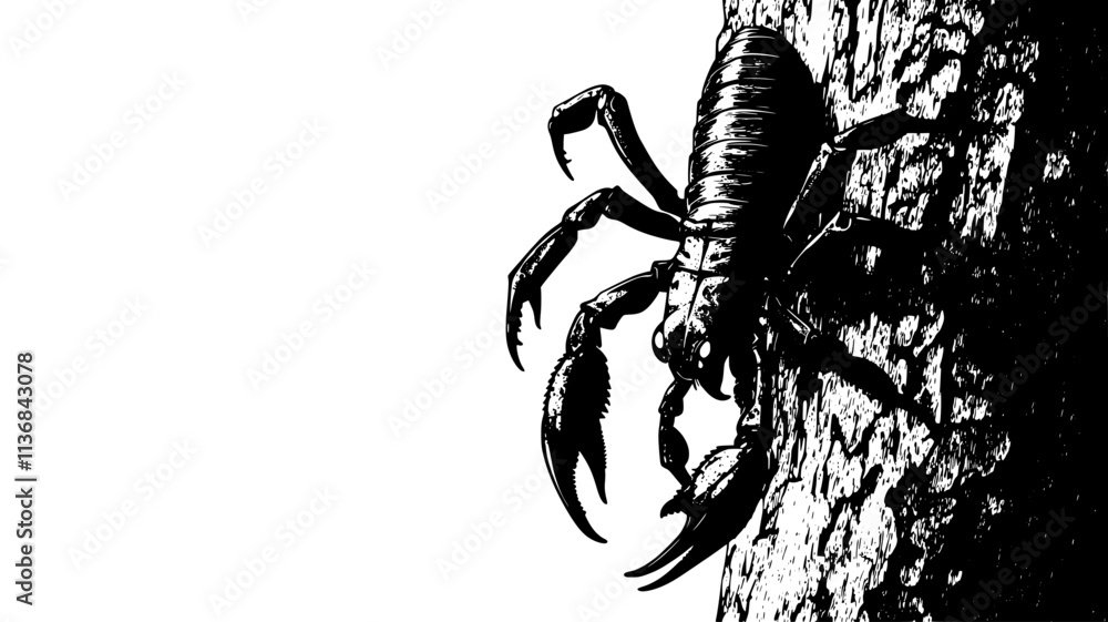 The scorpion climbs up a tree trunk, its legs gripping the bark, Vectorized Animal Art The scorpion climbs up a tree trunk, its legs gripping the bark, Vectorized Animal Art