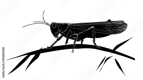 The grasshopper perches on a twig, its antennae twitching as it senses its environment, Vectorized Animal Art