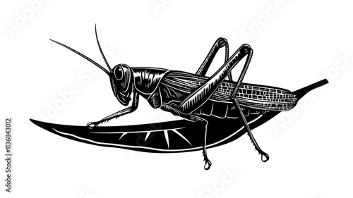 The grasshopper lands on a leaf, its long legs tucked beneath its body, Vectorized Animal Art