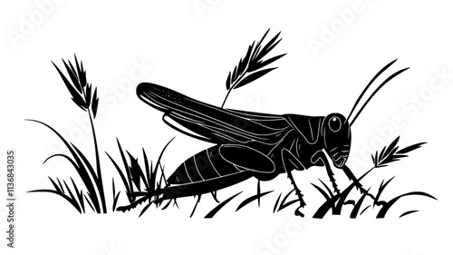 The grasshopper crouches at the base of a plant, body low to the ground, Vectorized Animal Art