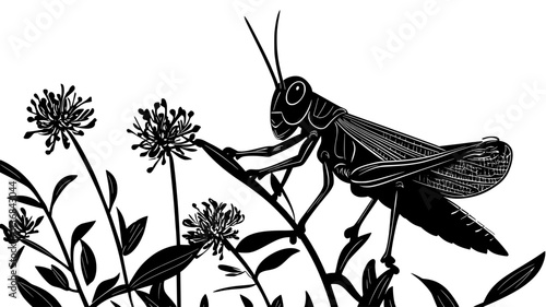 The grasshopper slowly climbs up a plant, gripping tightly with its legs, Vectorized Animal Art