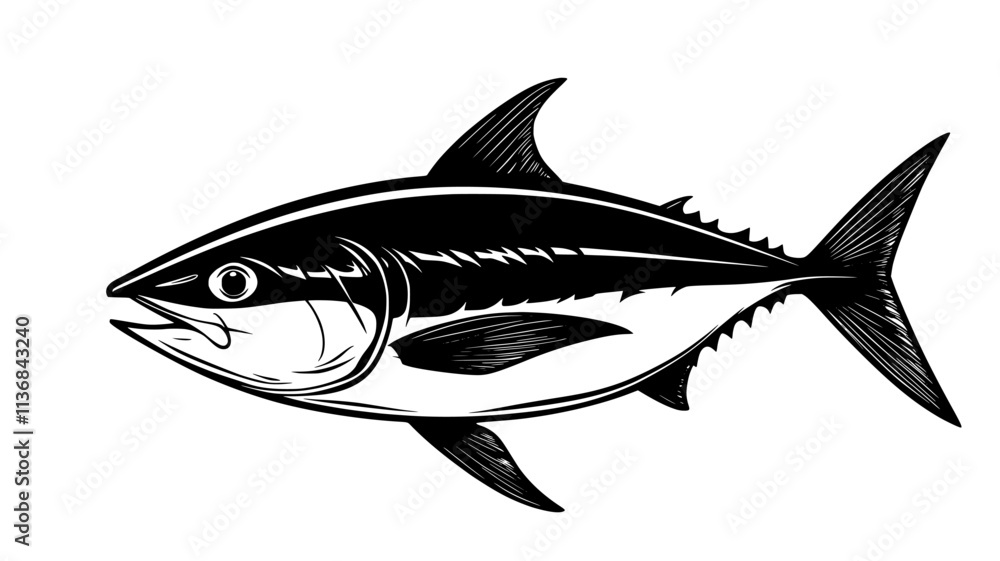 Tuna swimming directly below the surface, with its dorsal fin cutting through the water, Vectorized Animal Art Tuna swimming directly below the surface, with its dorsal fin cutting through the water, Vectorized Animal Art