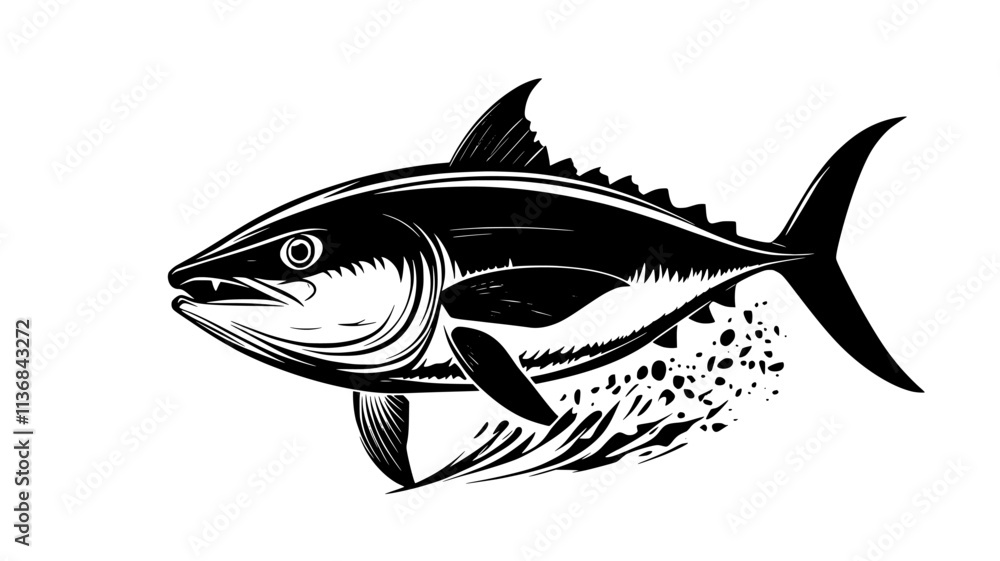Fototapeta premium A tuna turning quickly in the water, adjusting its direction mid-swim, Vectorized Animal Art