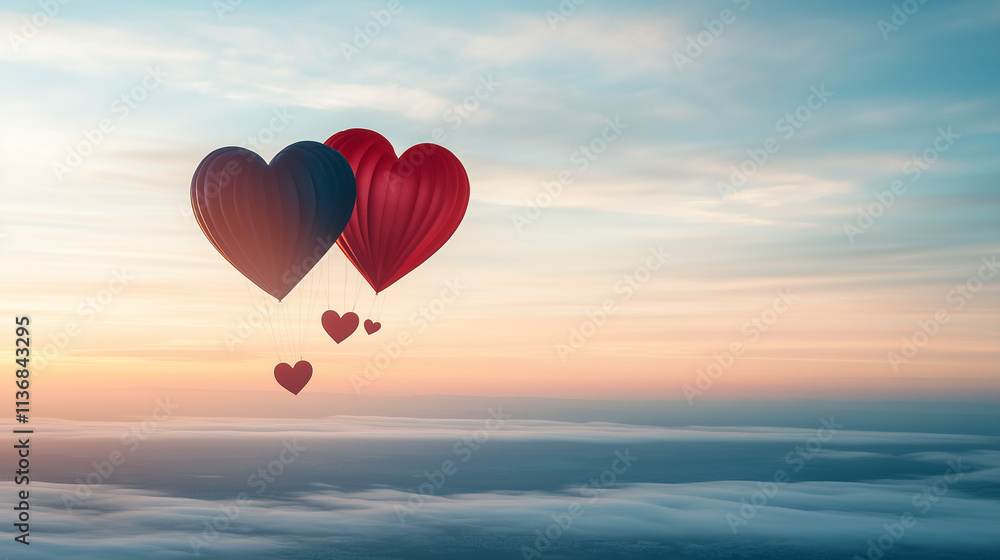 Fototapeta premium Heart-shaped hot air balloons soaring at sunrise above the clouds