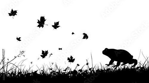 Toad walking slowly across a forest floor covered in fallen leaves and small twigs, Vectorized Animal Art