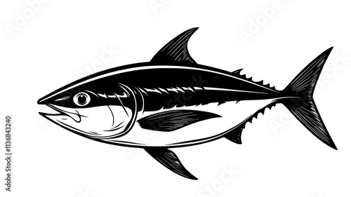 Tuna swimming directly below the surface, with its dorsal fin cutting through the water, Vectorized Animal Art