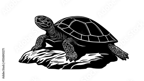Turtle sitting on a flat rock, its head and legs extended outward from its shell, Vectorized Animal Art