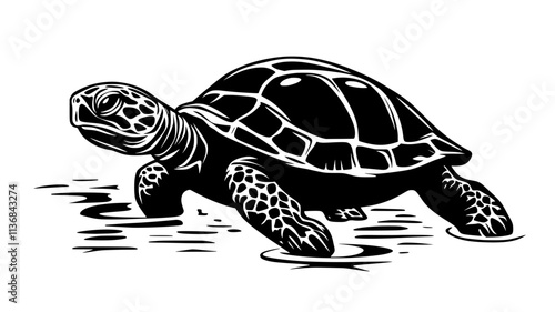 Turtle crawling toward water, with its legs moving steadily over uneven terrain, Vectorized Animal Art
