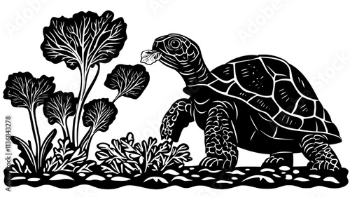 Turtle eating a lettuce leaf in a backyard garden, Vectorized Animal Art